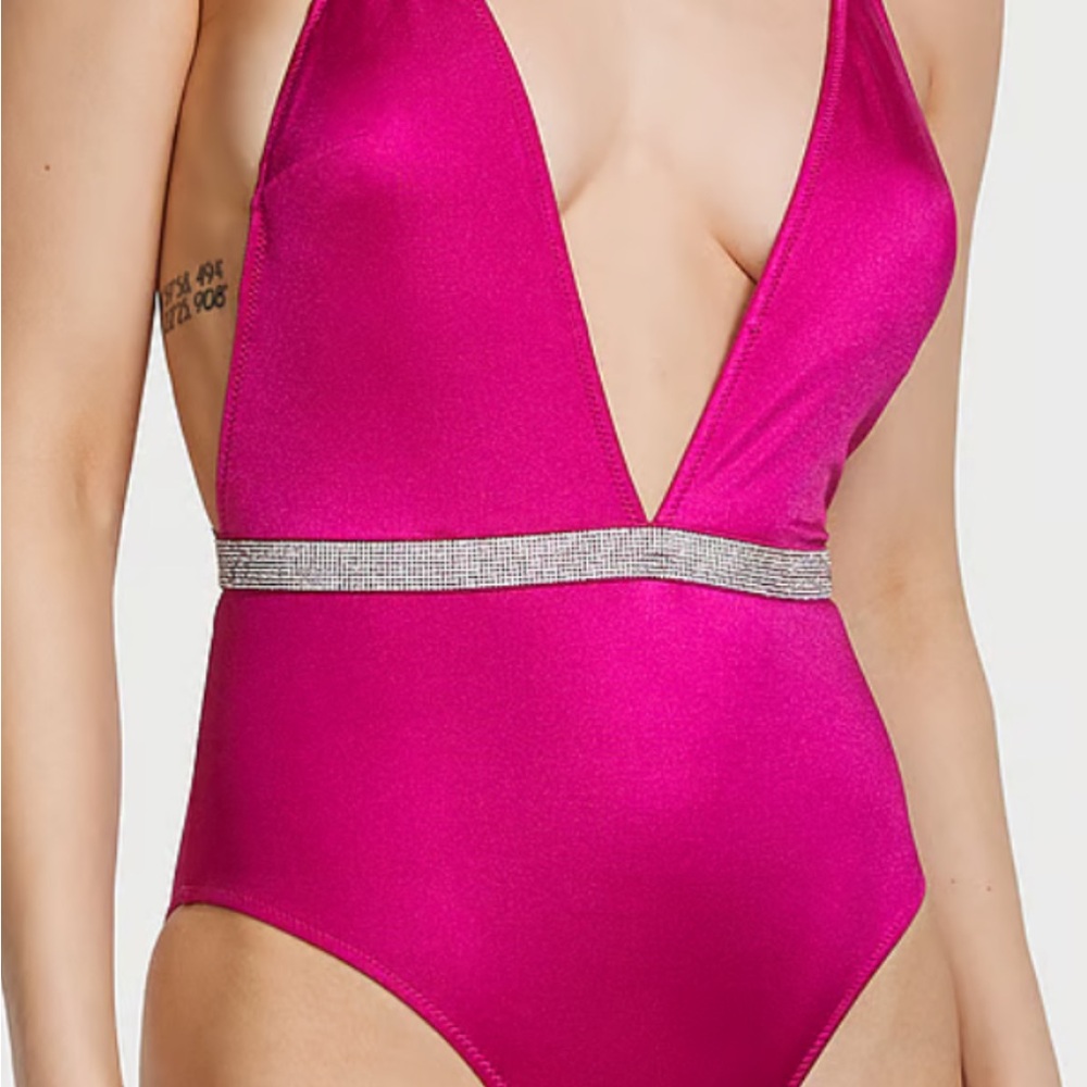 Hot Pink Plunge Swimsuit with Silver Accent